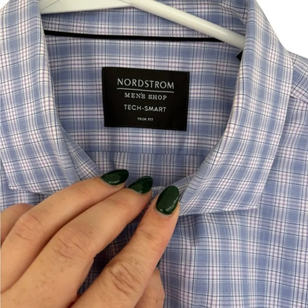 Nordstrom Men's‎ Shop Trim Fit Blue Button Down LS Blue Plaid Size 36-37 16 Neck